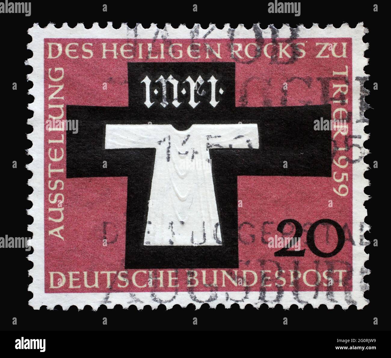 Die in Deutschland gedruckte Briefmarke zeigt den Heiligen Mantel von Trier, der das nahtlose Gewand Christi im Dom von Trier um 1959 zeigt Stockfoto