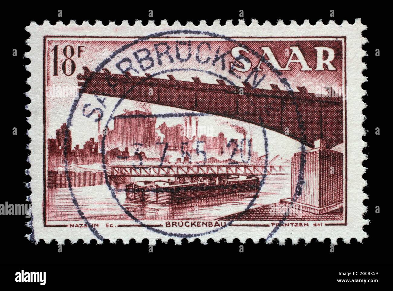 Briefmarke aus Deutschland Saar zeigt Brückenbau, Bevölkerungsumfrage, um 1955 Stockfoto
