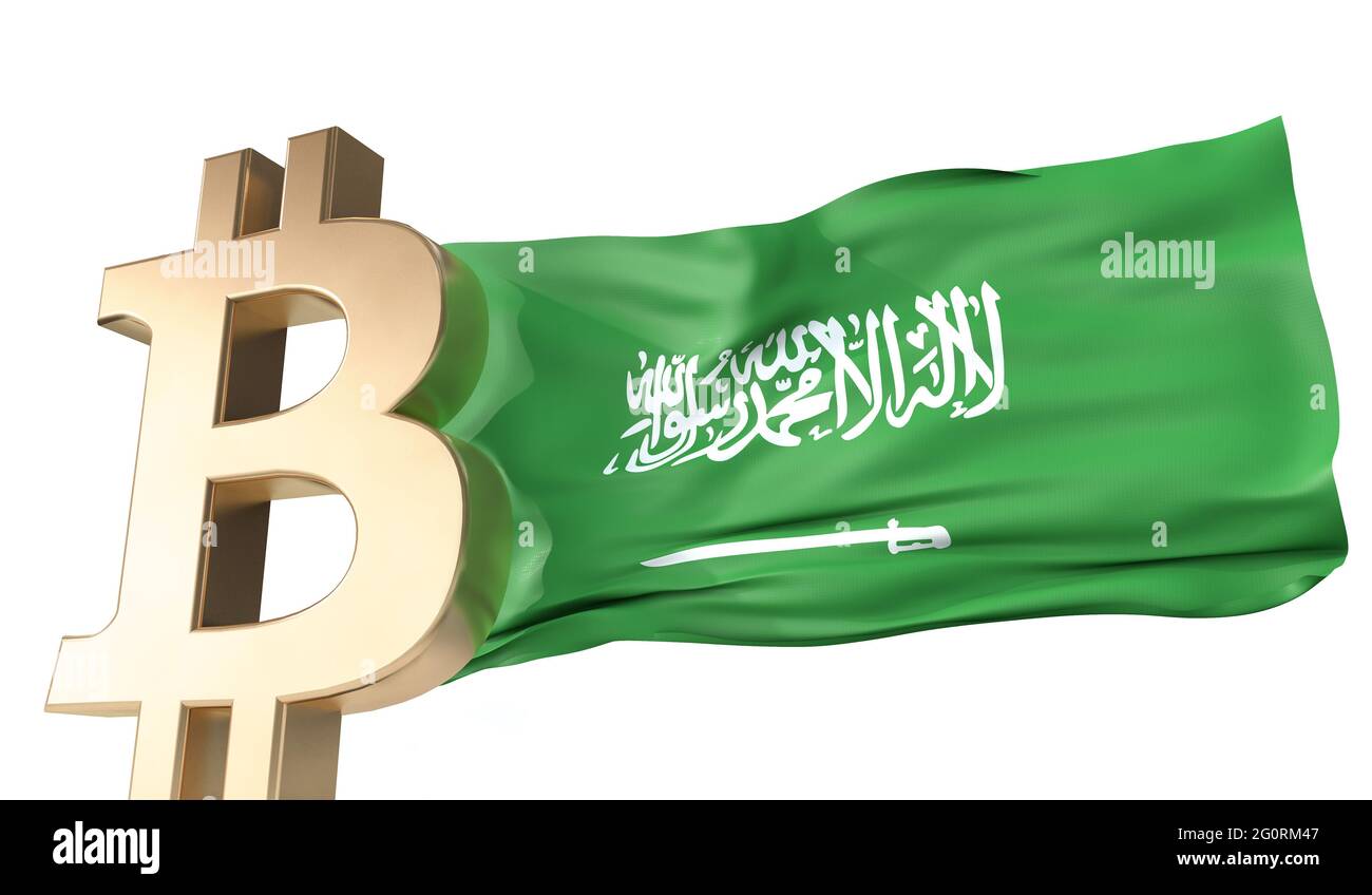 Goldbitcoin-Kryptowährung mit einer wehenden Saudi-Arabien-Flagge. 3D-Rendering Stockfoto