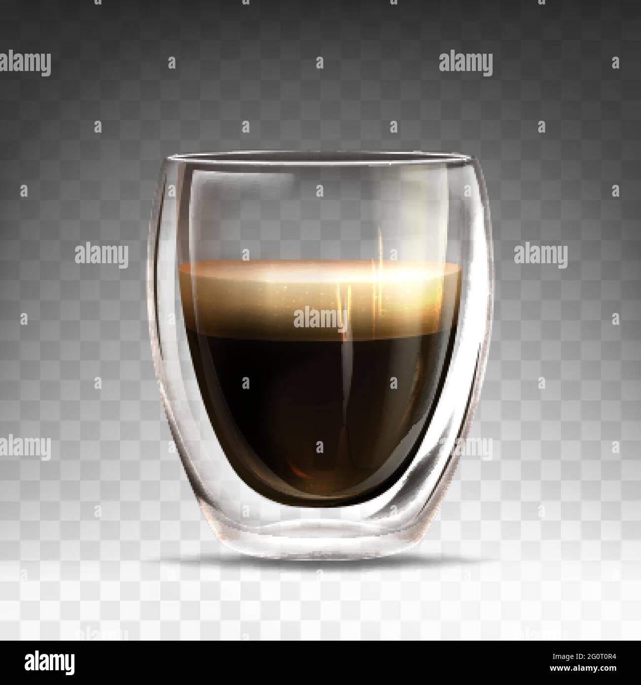 Realistische Tasse aus glänzendem Glas mit heißem Espresso. Becher mit Doppelwand voller Aroma americano. Kaffeegetränk realistisch auf transparentem Hintergrund. Vorlage für Branding, Werbung oder Produktdesign. Stock Vektor