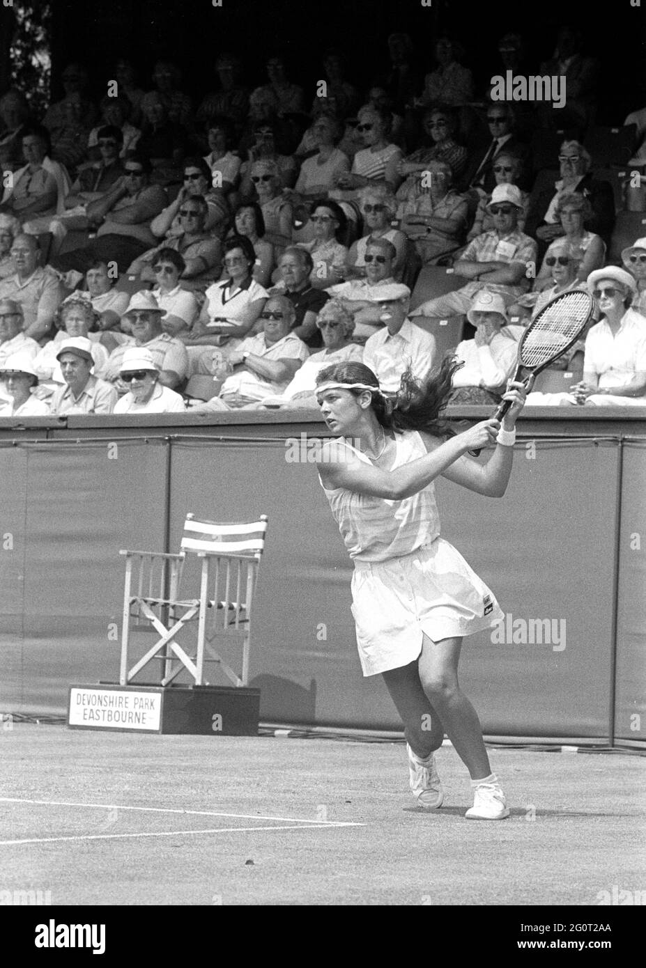 21.06.1984 Tenniskommentatorin Annabel Croft in ihren Spieltagen bei den Eastbourne Championships Stockfoto