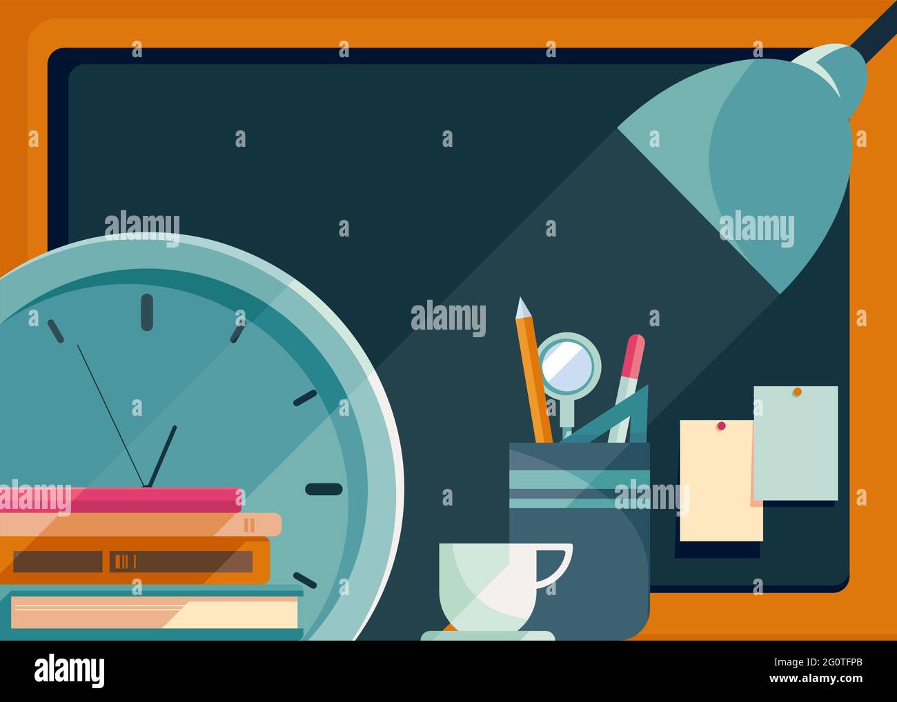Bannervorlage mit Tafel, Tischlampe und Uhr. Schule Konzeptkunst Stock Vektor