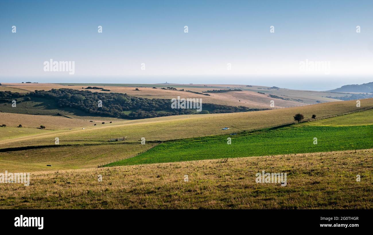 The South Downs, Sussex, England. Die hügelige Patchwork-Landschaft der Südküste mit Blick auf den fernen Ärmelkanal. Stockfoto