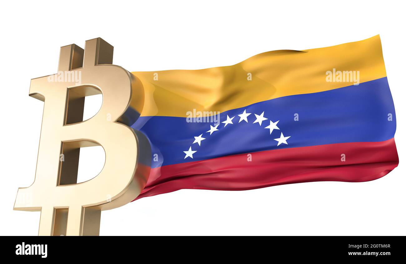 Goldbitcoin Kryptowährung mit einer winkenden Venezuela-Flagge. 3D-Rendering Stockfoto
