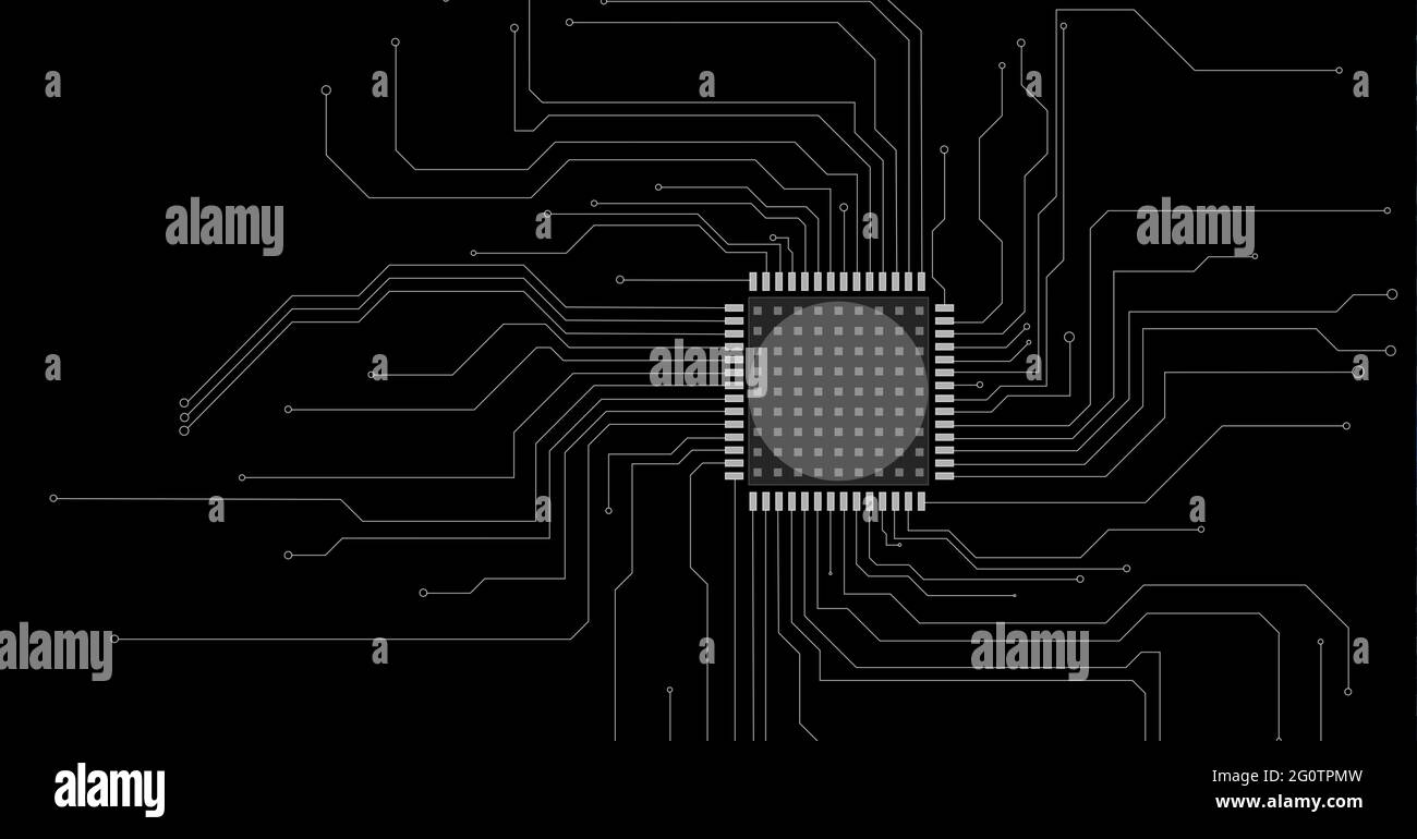 Zusammensetzung der Platine des Computerprozessors auf schwarzem Hintergrund Stockfoto