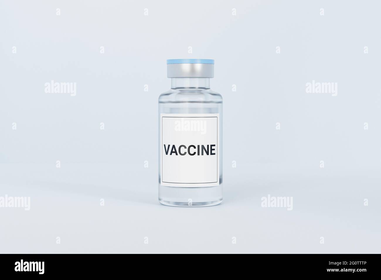 Glasflasche mit Impfampulle und Etikett isoliert auf hellem Hintergrund, 3d-Rendering Stockfoto