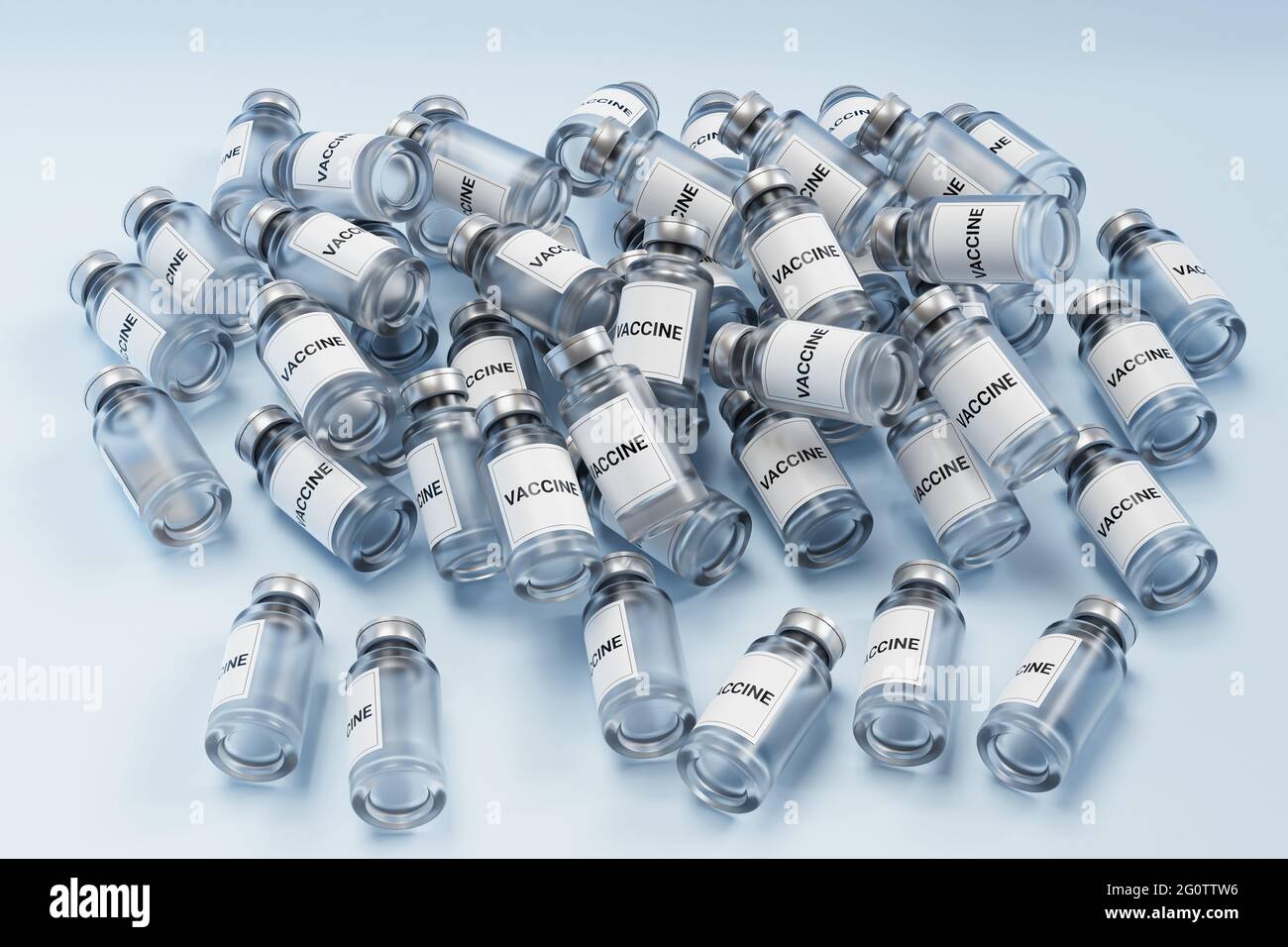 Zerfetzter Stapel von Glasflaschen mit Impfampullen, deren Etikett auf hellem Hintergrund isoliert ist, 3D-Rendering Stockfoto