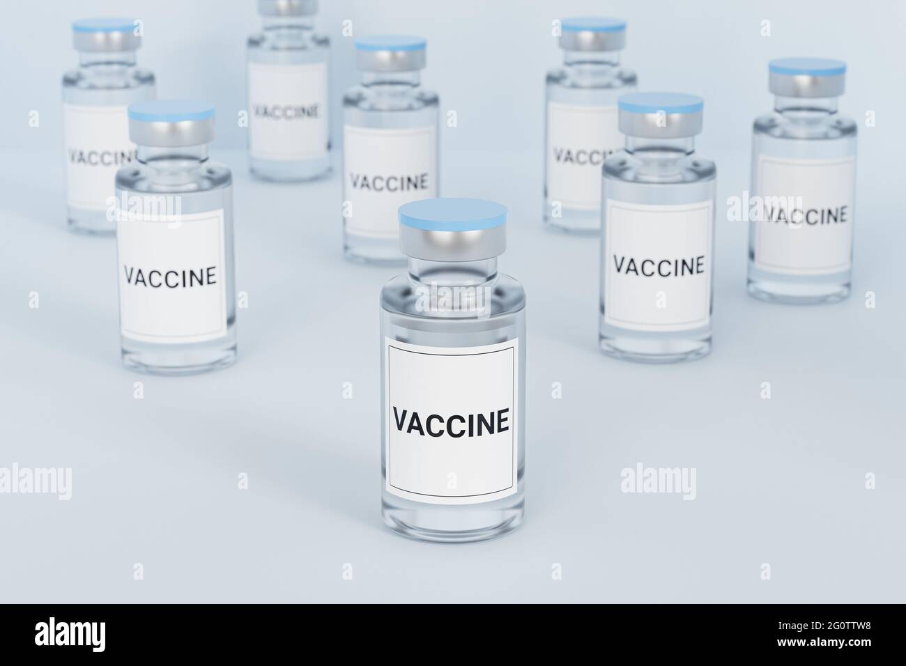 Glasflaschen mit Impfampulle, Etikett isoliert auf hellem Hintergrund, 3d-Rendering Stockfoto