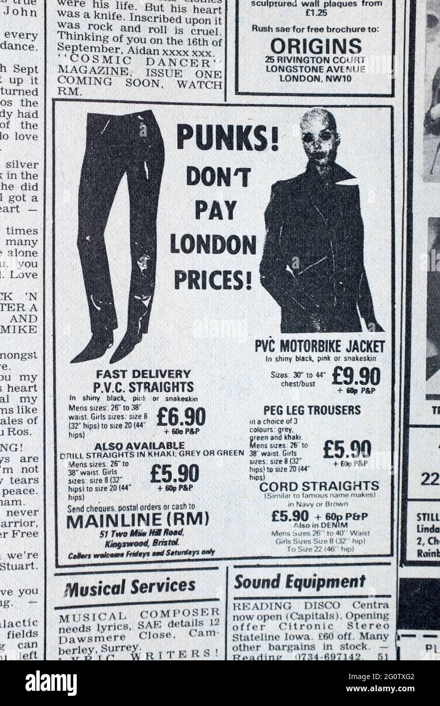 Werbung für Punk Clothing im Record Mirror Magazine der 1970er Jahre Stockfoto