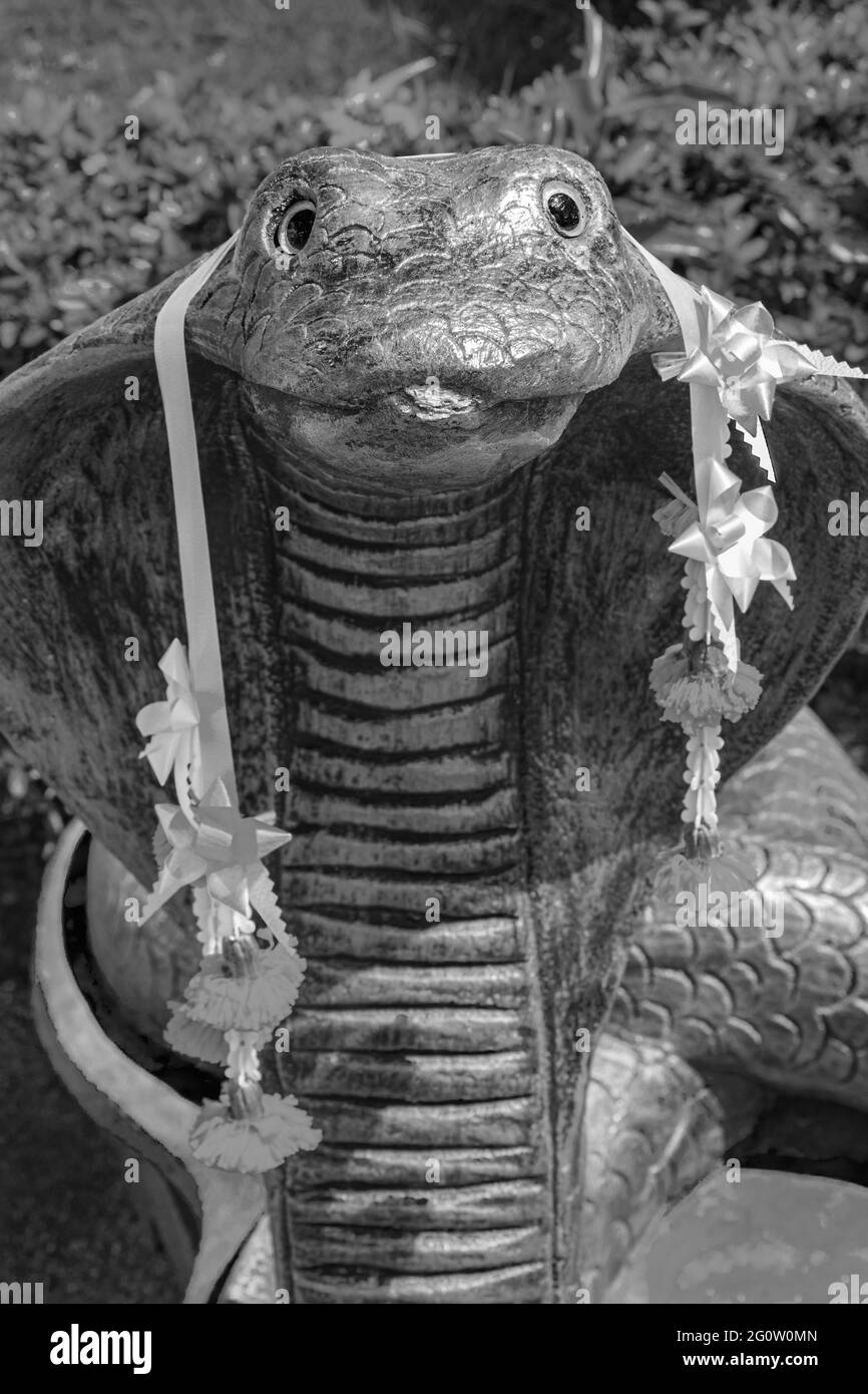 Schwarz-Weiß-Bild einer Schlangenstatue im beeindruckenden buddhistischen Tempel Wat Don Mueang Phra Arramluang in Bangkok, Thailand. Stockfoto