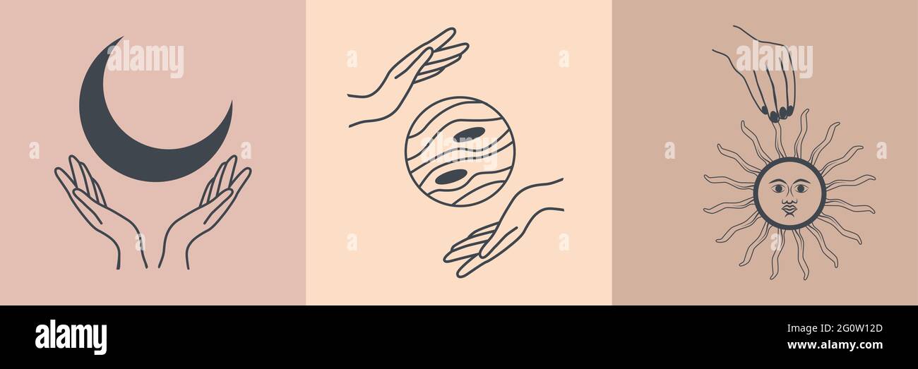 Satz mystischer Symbole für spirituelle Praktiken. Magische Hände halten Halbmond, Kristall, Zweig vor dem Hintergrund der Sterne. Trendige minimalistische Schilder, de Stock Vektor