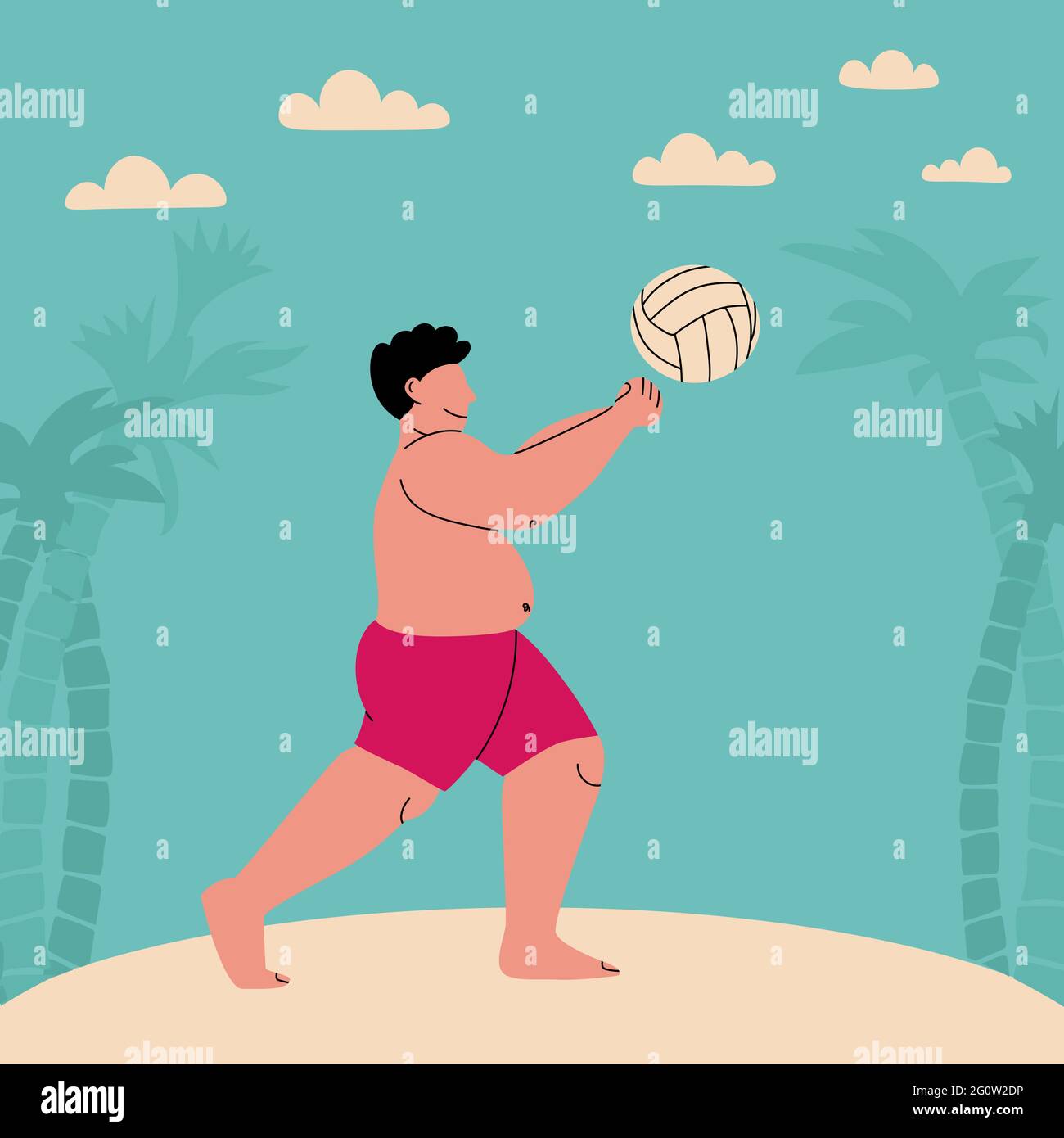 Plump Mann in Badehosen spielt Ball. Beachvolleyball. Lustige flache Vektorgrafik. Fetter Mann am Strand mit Palmen und Wolken. Großer Sport Stock Vektor