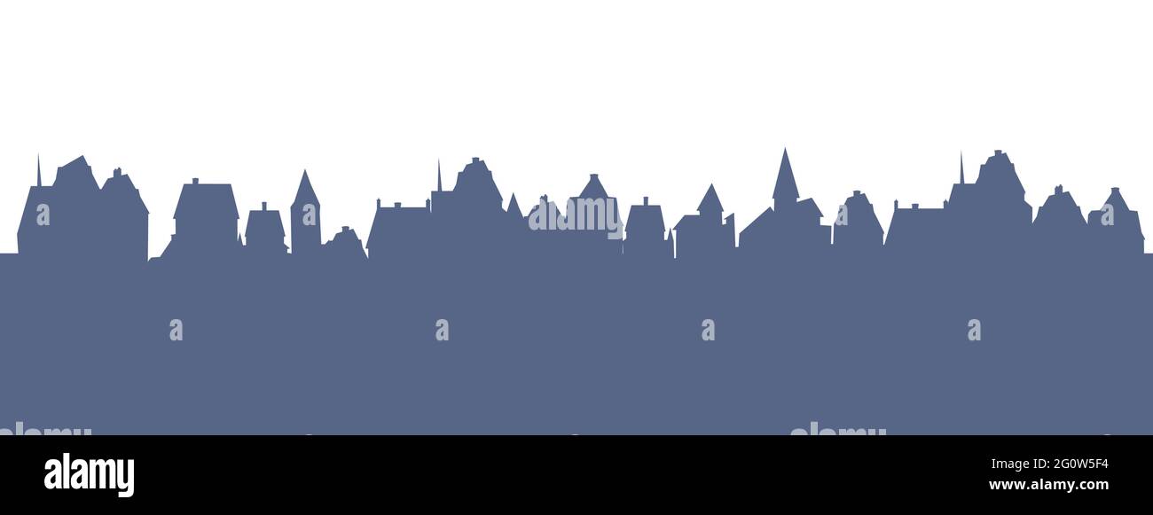 Kleine Stadt Straßen Silhouette. Dächer von Häusern. Landschaft auf dem Land. Flacher Cartoon-Stil. Nahtlose Illustration. Isoliert auf weißem Hintergrund. Vektorgrafiken Stock Vektor