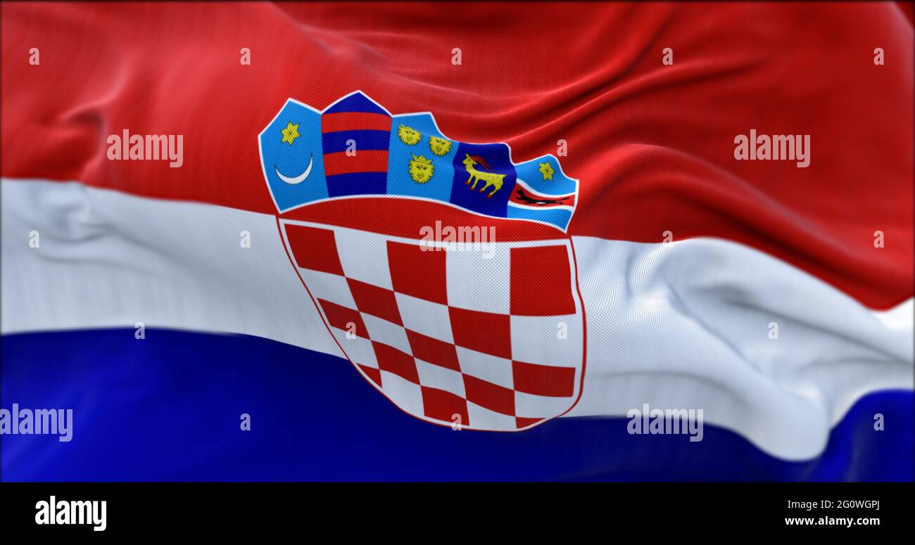 Detail der Nationalflagge Kroatiens, die im Wind fliegt. Demokratie und Politik. Europäisches Land. Stockfoto