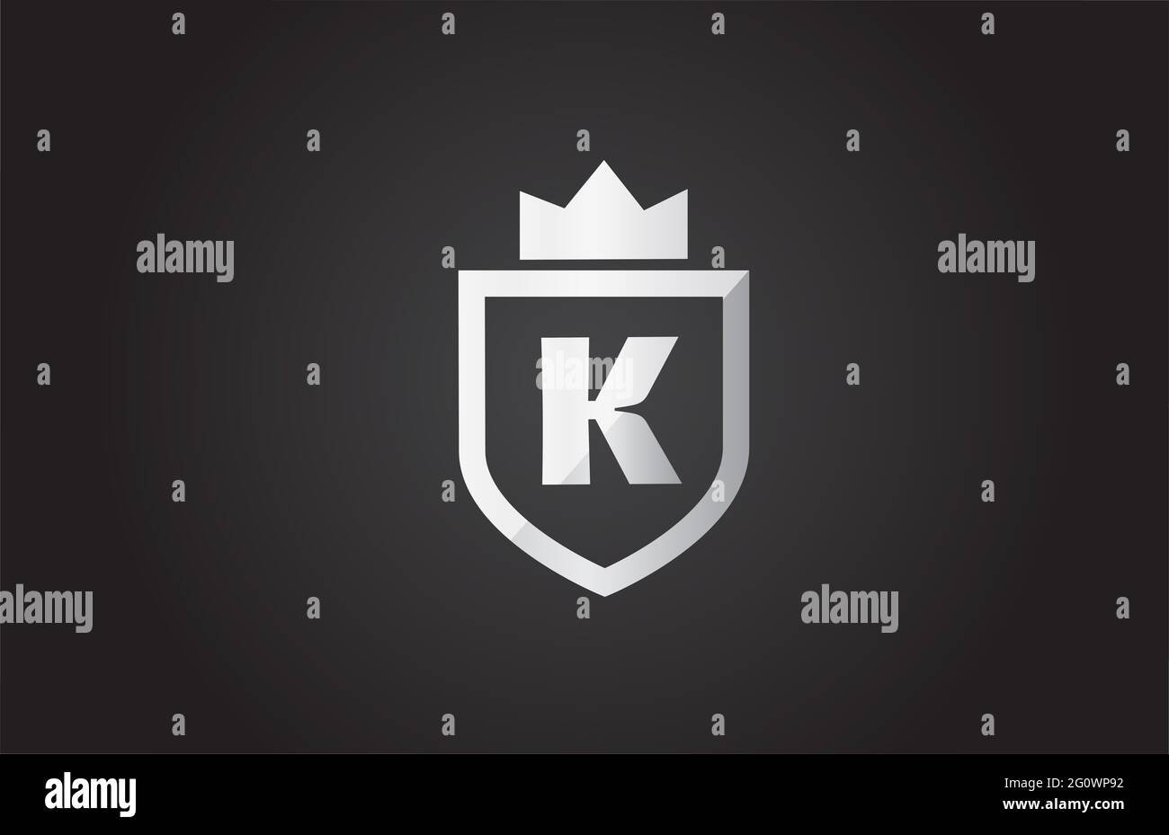 Logo-Symbol mit K-Buchstaben in Schwarz und Grau. Schild-Design für die Unternehmensidentität mit Königskrone Stockfoto