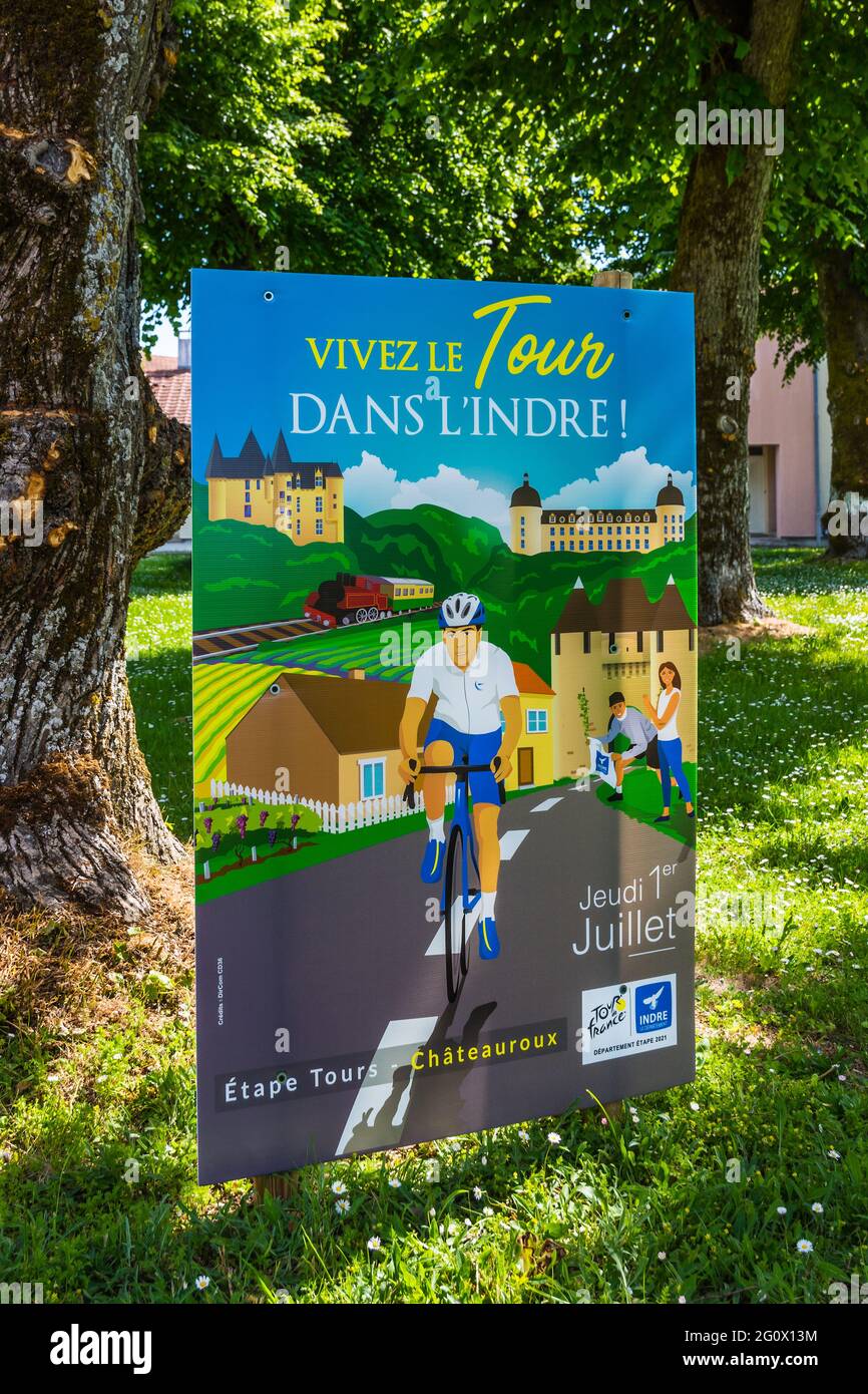 Plakat zur Ankündigung der Route der Tour de France 2021 durch das Dorf Lucay-le-Male, Indre (36), Frankreich. Stockfoto