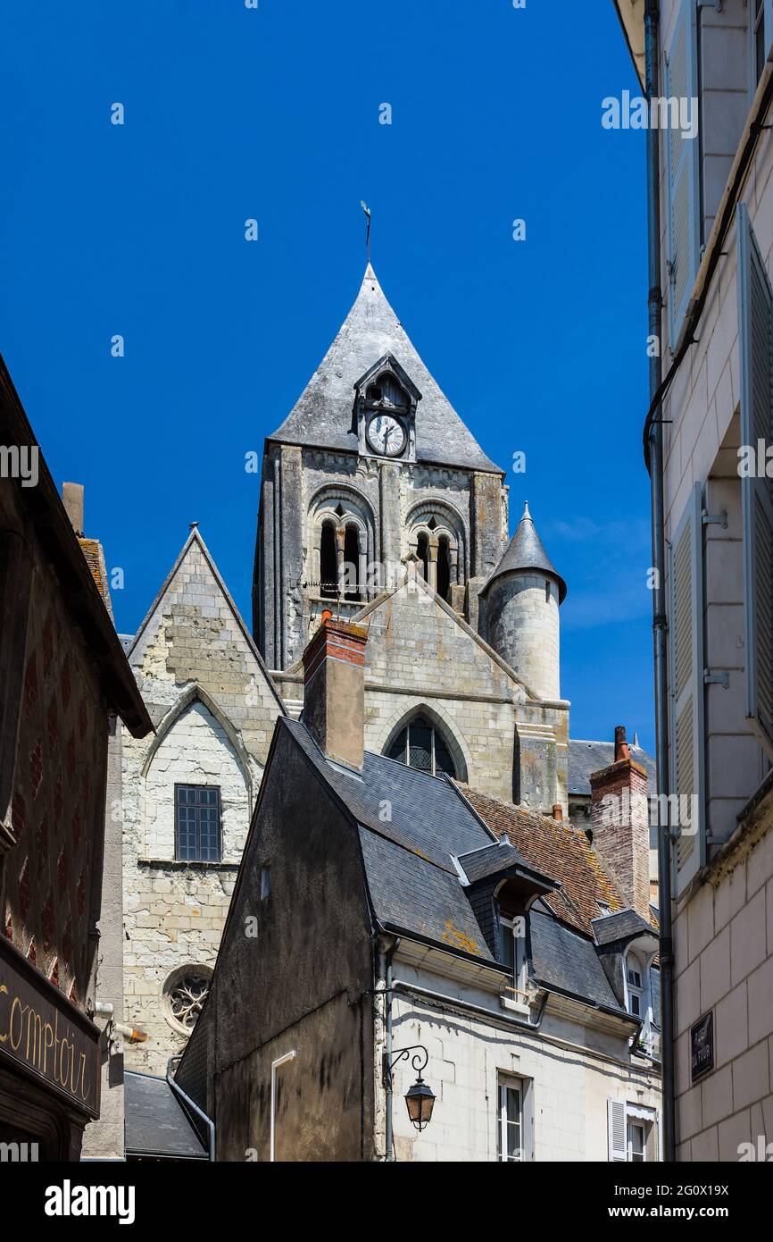 Ansicht der Stiftskirche Saint-Aignan, Loir-et-Cher (41), Frankreich. Stockfoto