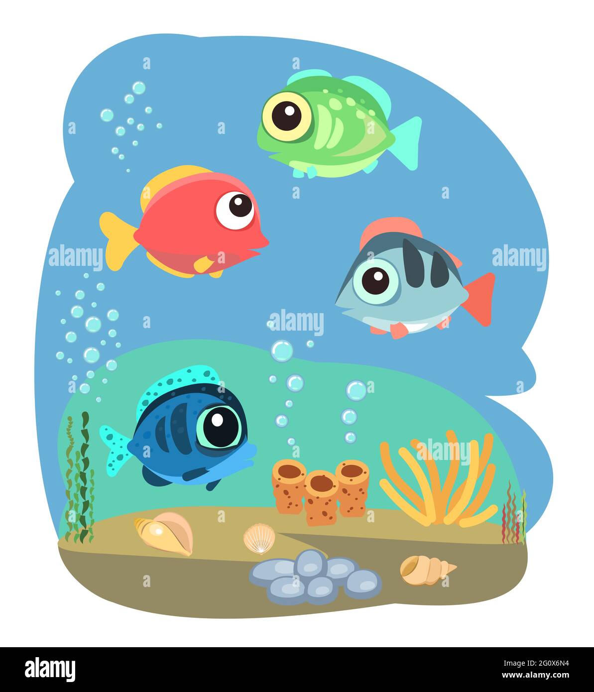 Tropische Fische. Kleine Landschaft. Unterwasserwelt. Wilde Tiere. Meer, Meer. Sommerwasser. Isoliert auf weißem Hintergrund. Illustration in Cartoon Stock Vektor