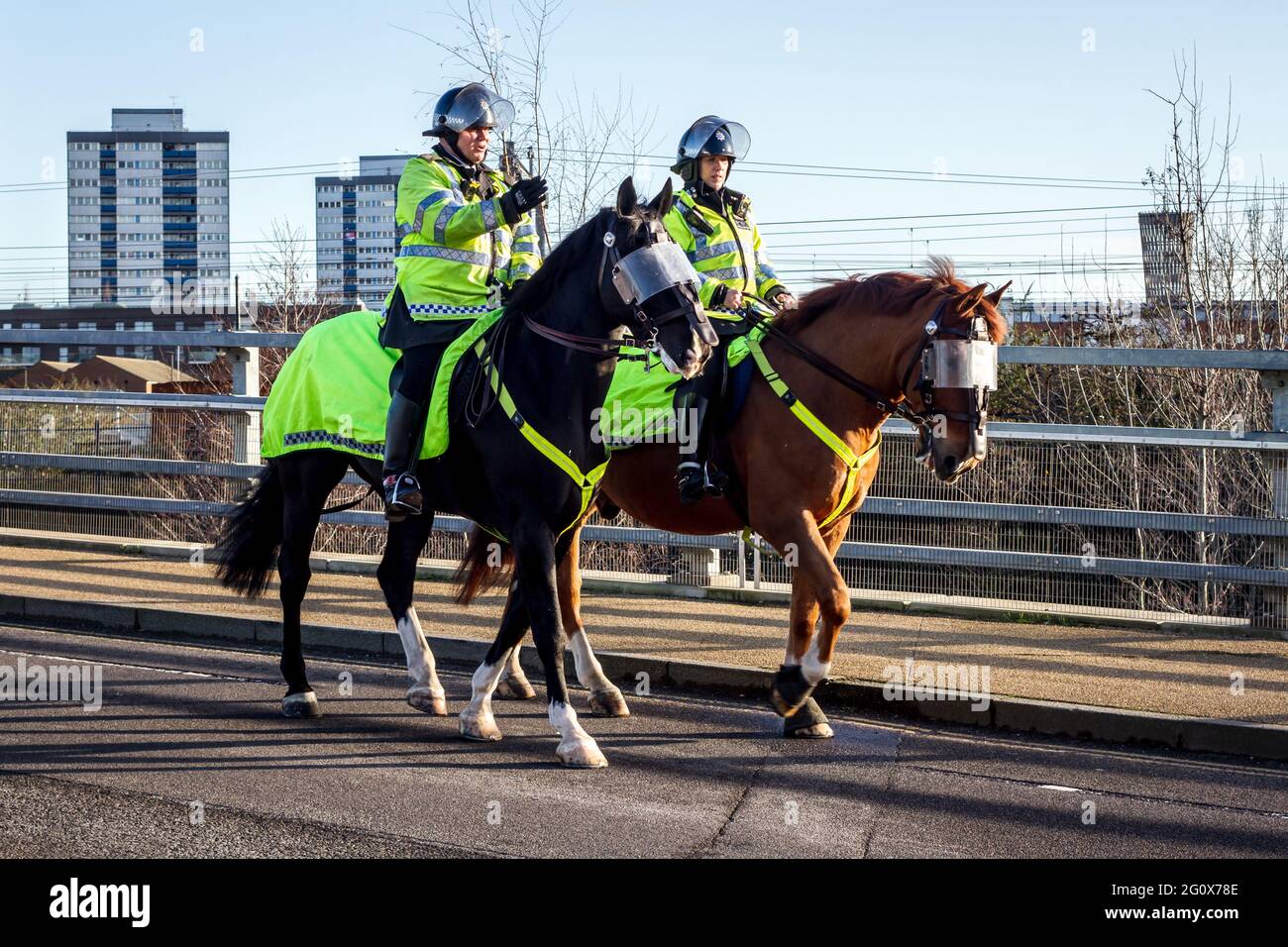 Hackney, London, Großbritannien, 18. Januar 2020: Berittene Polizeibeamte in Schutzkleidung in der Nähe des Olympischen Parks Stockfoto