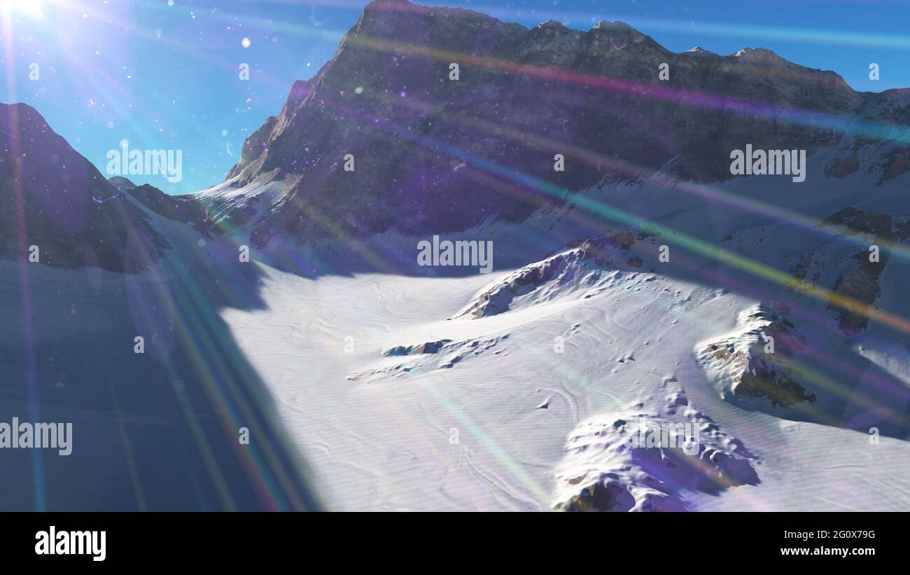 Mountain Snow Sun Ray Illustration, 3d Rendering Stockfoto