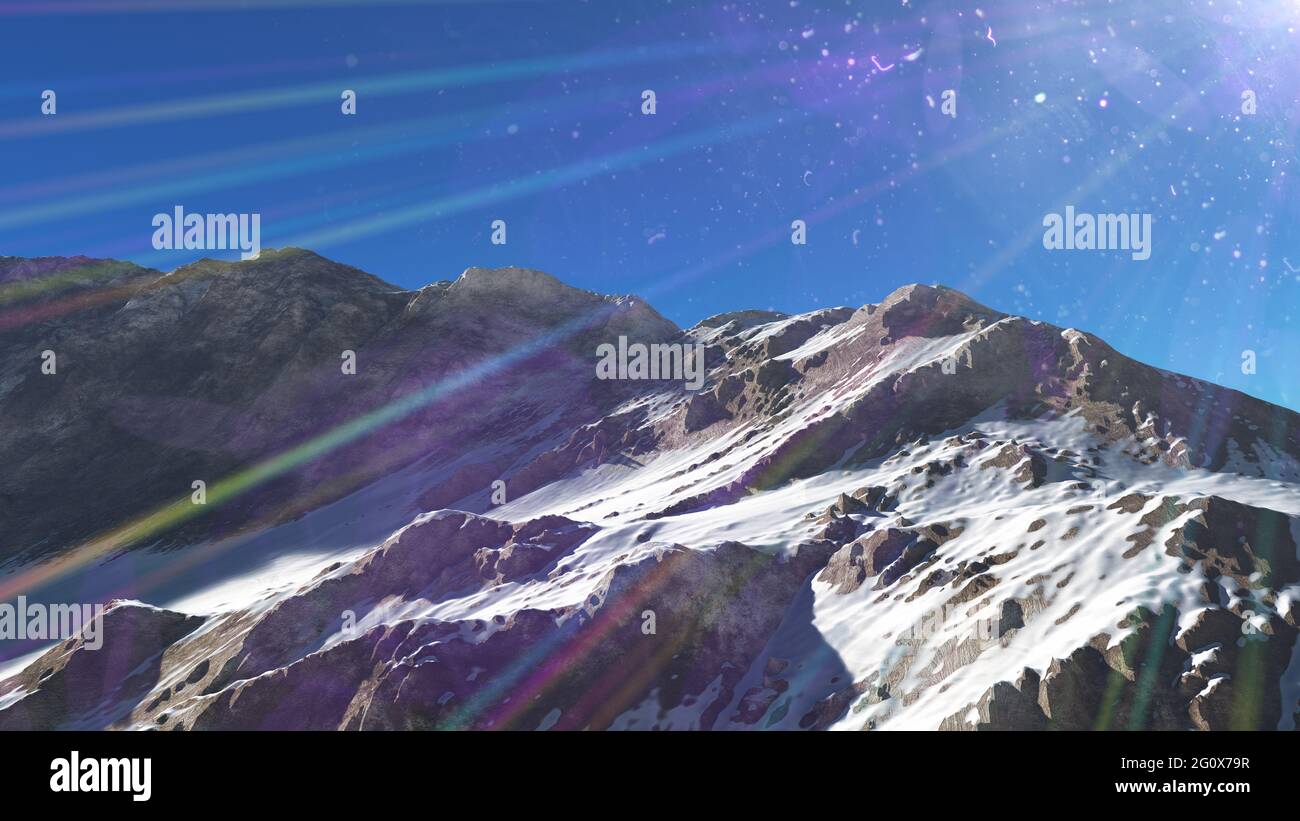 Mountain Snow Sun Ray Illustration, 3d Rendering Stockfoto