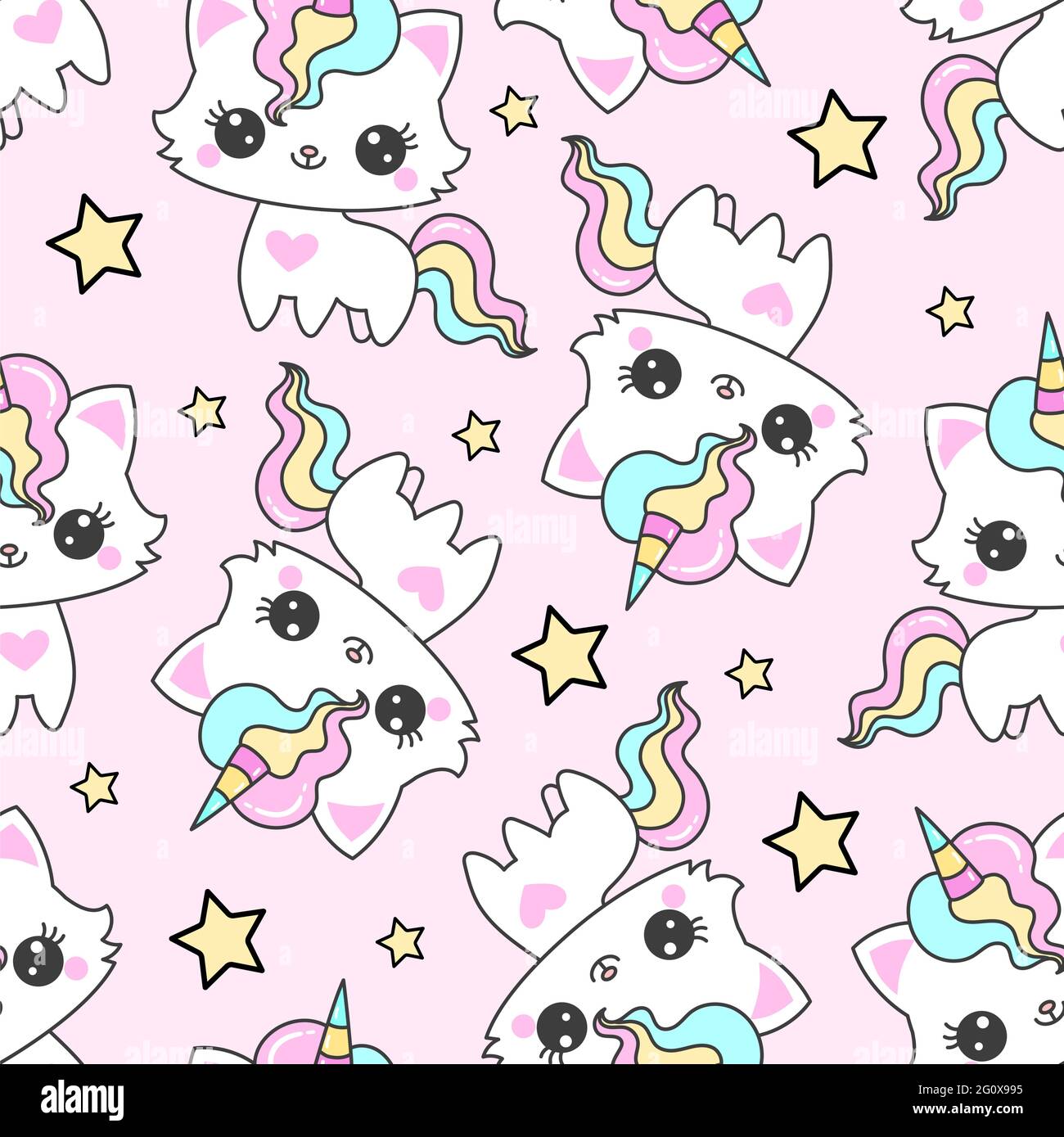 Nahtloses Muster mit Katzeneinhorn und Sternen auf rosa Hintergrund. Zur Gestaltung von Hintergründen, Tapeten, Stoffen, Geschenkpapier, Scrapbooking, Et Stock Vektor