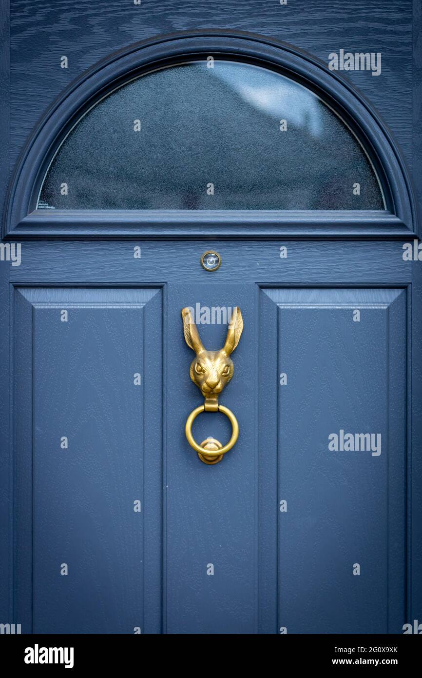 Blaue hölzerne Eingangstür mit bronzenem Hasenkopftür-Klopfer, der einen Ring im Mund hält Stockfoto