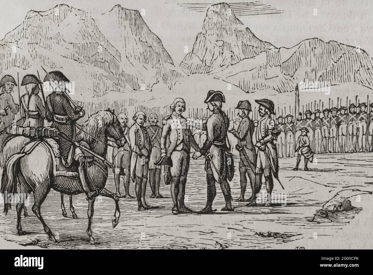 Roussillon-Krieg, auch Pyrenäenkrieg oder Konvenkrieg genannt (1793-1795). Degradation der Offiziere und Soldaten von Montroig. Der Graf von der Union, Luis Fermin de Carvajal, irrig über das Verhalten der Truppen, die befohlen worden waren, den Berg von Montroig zu nehmen, entzog allen Offizieren und Soldaten ihre Militärausweise und Abzeichen und verordnete wegen ihrer Fahrlässigkeit und ihres Terrors lebenslange Strafen, Das übertrug sich an den Rest der Truppen, die sich im Übermaß versammelt hatten, um den Berg zu nehmen. Das Kommando lag in den Händen von Brigadier Taranco. Gravur. Historia del Levantam Stockfoto