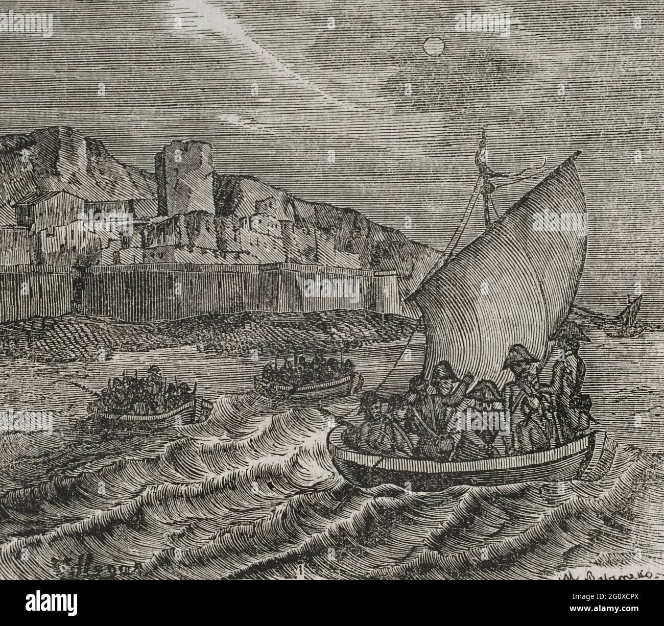 Roussillon-Krieg, auch Pyrenäenkrieg oder Konvenkrieg genannt (1793-1795). Konflikt zwischen dem Spanien Karls IV. Und der Ersten Französischen Republik. Rettung französischer Emigranten in Collioure. Gravur. Historia del Levantamiento, guerra y Revolución de España am Conde de Toreno. Madrid, 1851. Stockfoto