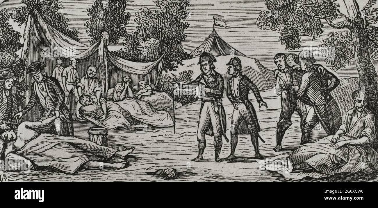 Roussillon-Krieg, auch Pyrenäenkrieg oder Konvenkrieg genannt (1793-1795). Konflikt zwischen dem Spanien Karls IV. Und der Ersten Französischen Republik. Kampagne Navarras, 1795. Während der dritten Kampagne wurde die französische Armee durch eine Epidemie dezimiert. Alle Angriffe, die Moncey versuchte, scheiterten und wurden besiegt. Gravur. Historia del Levantamiento, guerra y Revolución de España am Conde de Toreno. Madrid, 1851. Stockfoto