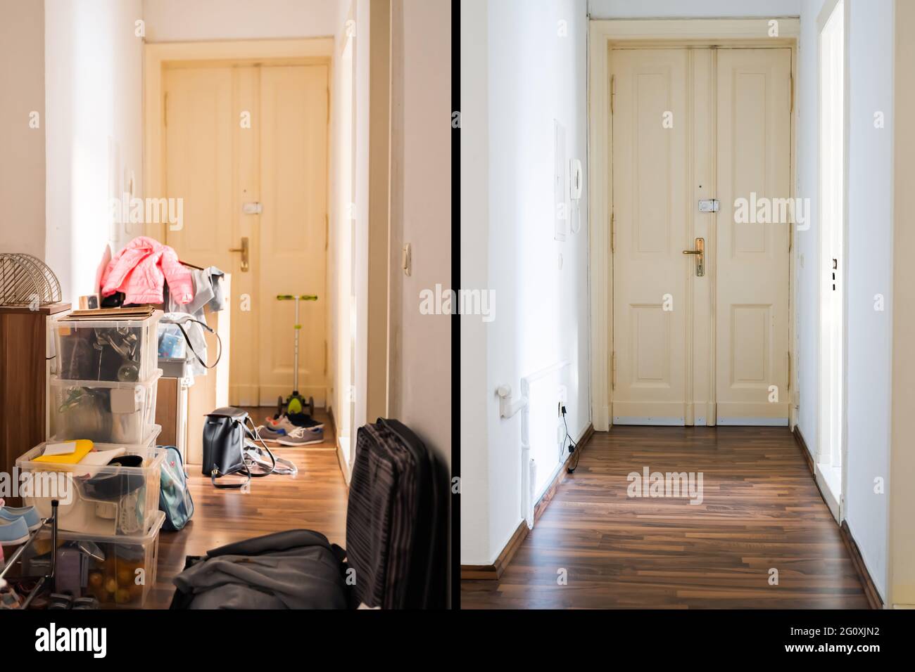 Raumaufdeckvorrichtung Vor Und Nach Dem Zimmer. Unordentliches Haus Stockfoto