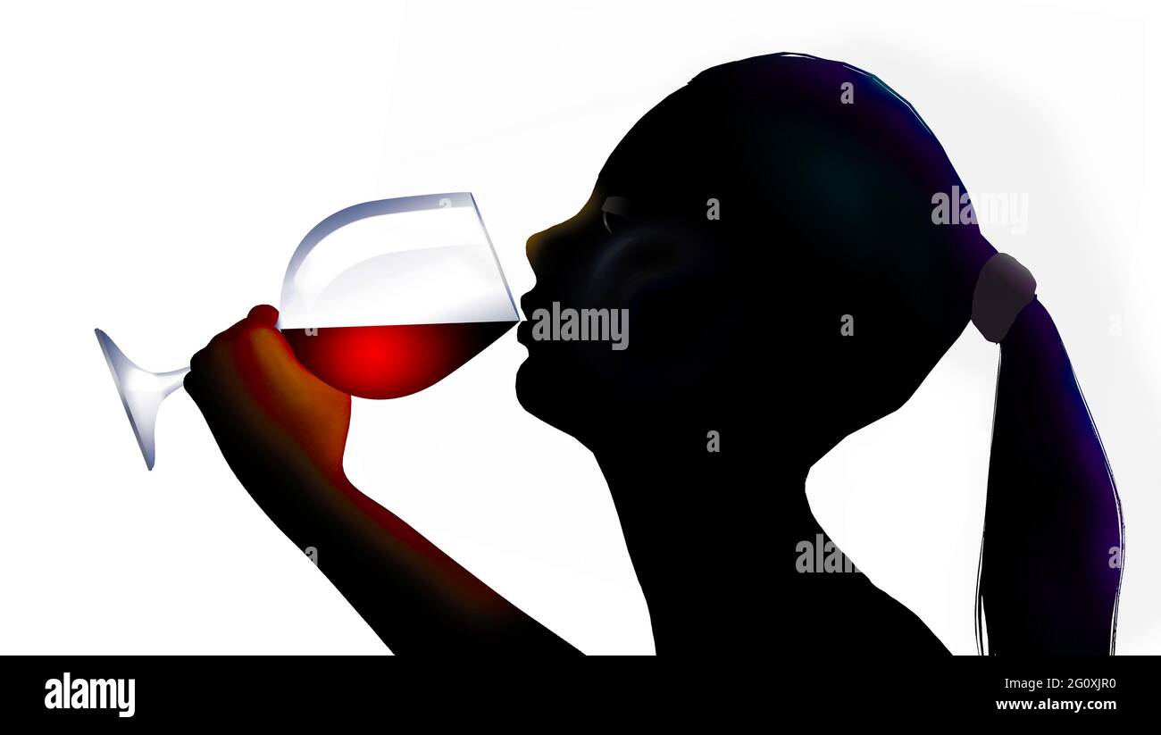 Ein silhouettierter Kopf und Gesicht eines Mädchens nimmt einen Schluck Rotwein aus einem Weinglas, das in dieser 3-d-Illustration in glühender roter Farbe erstrahlt. Stockfoto