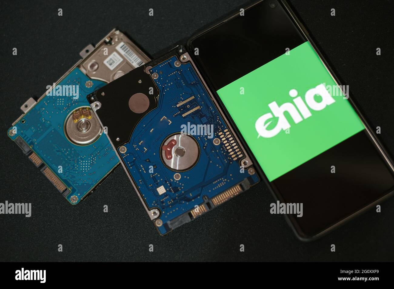 Neue grüne Krypto-Währung Chia auf einem Smartphone, hhd-Speicherplatz Münze Bergbau Landwirtschaft Stockfoto