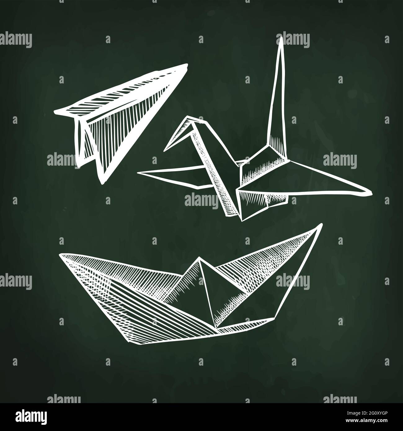 Origami-Vektorset. Flugzeug, Schiff. Weißes Papierdesign. Grafisches Muster mit Kreide auf dem Schulbrett. Vektorgrafik Stock Vektor