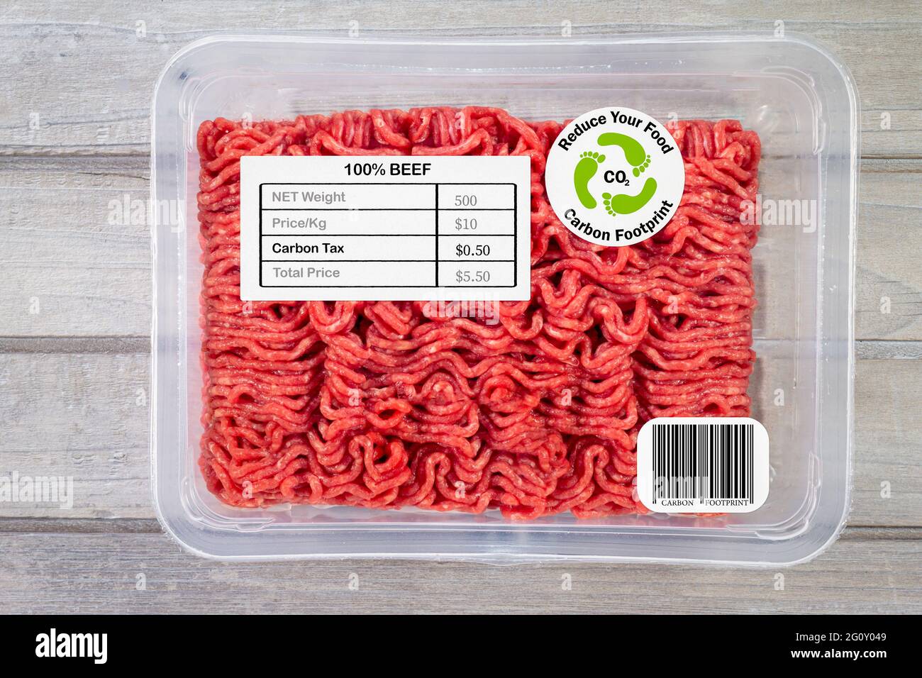 CO2-Kennzeichnung und CO2-Steuerpreiskennzeichnung auf Fleisch, Öko-Verbraucherkennzeichnung auf Lebensmitteln Stockfoto