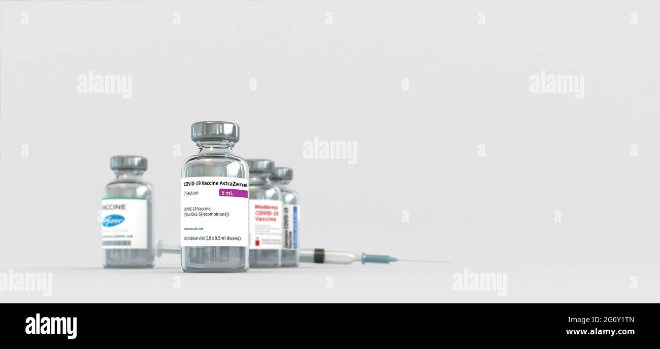 Impfstoff von AstraZeneca. Covid-19, 3D-Illustration für Coronavirus-Impfstoffe. Nur zur redaktionellen Verwendung. Stockfoto