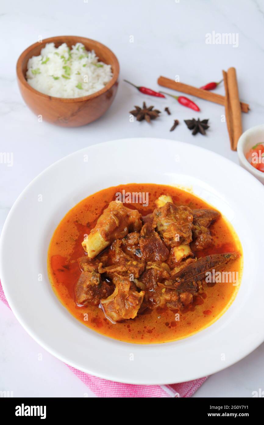 Shahi Mutton, Mutton Masala, Mutton Korma ist ein berühmtes würziges, nicht-vegetarisches Gericht Indiens. Er wird aus Ziegenfleisch zusammen mit Gewürzen hergestellt. Stockfoto