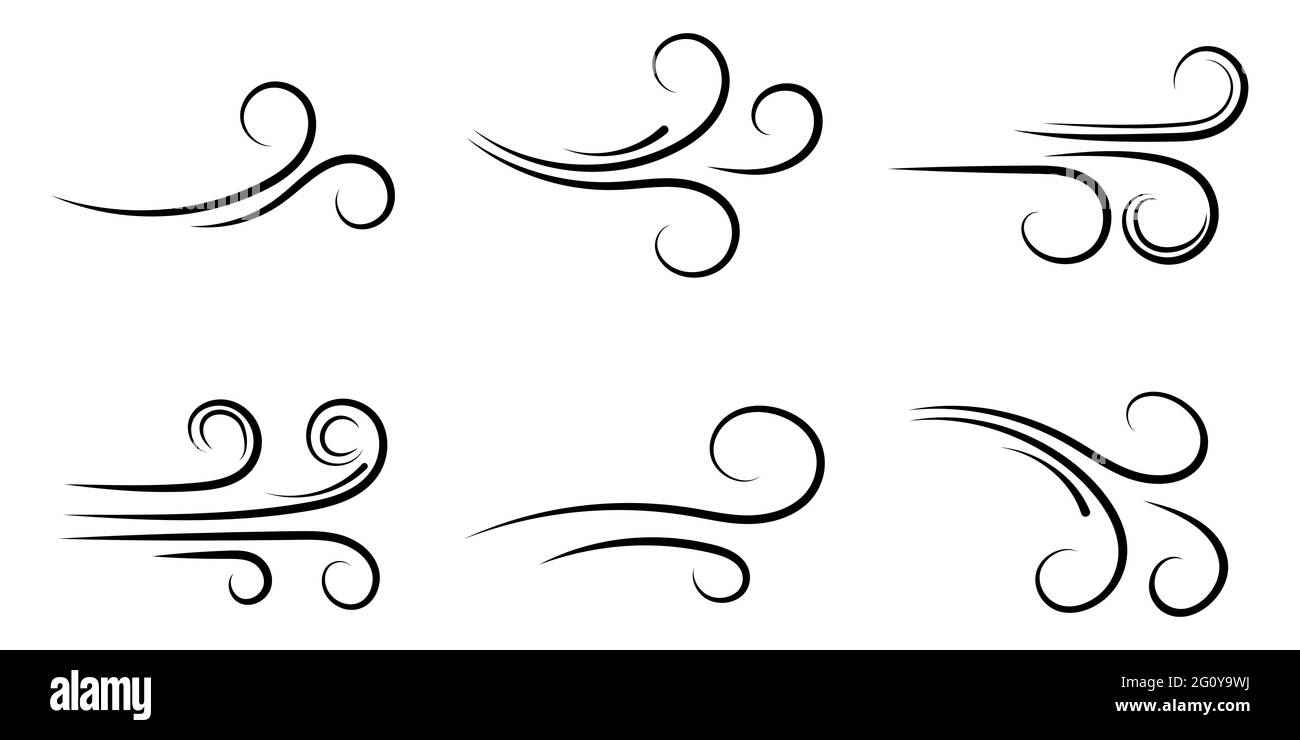 Symbole für die Blaslinie einstellen. Schwarze Umrisssymbole mit wehenden Winden. Design für App und Website Stock Vektor