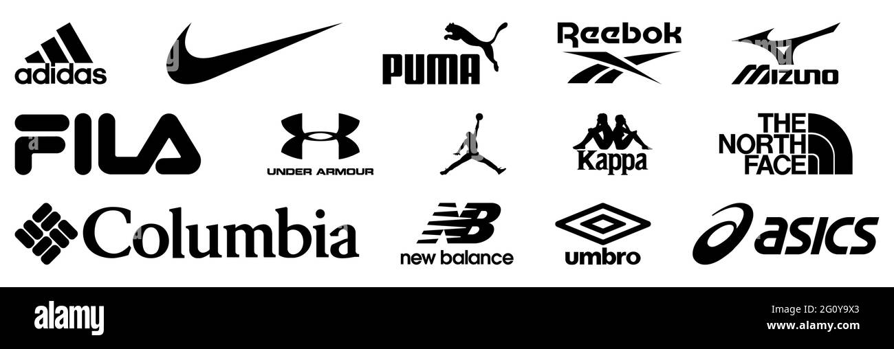 Vinnytsia, Ukraine - 30. Mai 2021: Eine Reihe beliebter Sportbekleidung stellt Logos her. Adidas, Nike, Puma, Reebok, Mizuno, Fila, Under Armour, Jordan, Kappa Stock Vektor