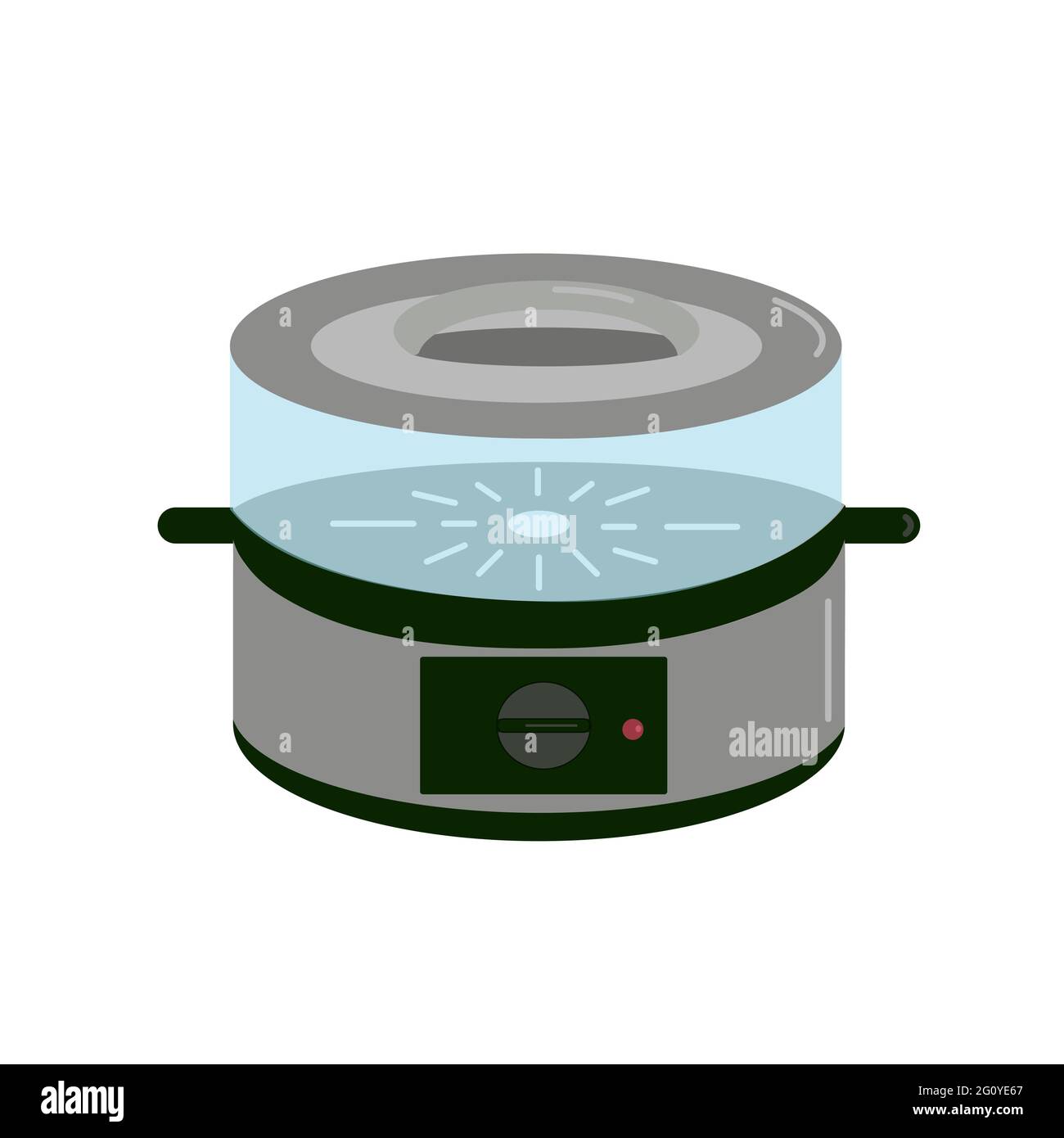 Elektro-Dampfgarer mit schwarzem Kunststoffsockel und transparenten Kunststoffteilen zum Kochen, Elektro-Küchengerät, Vektor-Cliparts im Cartoon-Stil Stock Vektor