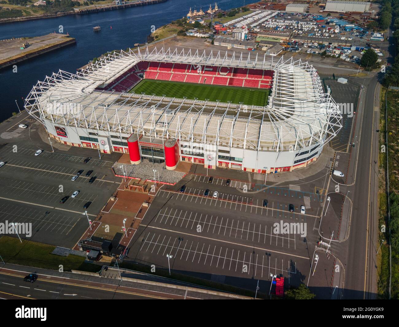 Middlesbrough Football Club, Riverside Stadium Aerial Drone from the Air Stockfoto