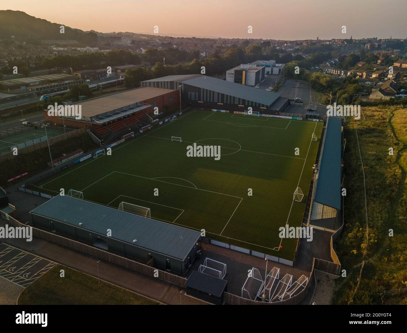 Scarborough Football Club Antenne aus dem Flugdrohnenstadion Flamingo Land Stadium Stockfoto