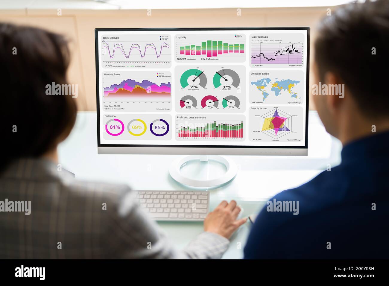 Zwei Analytiker, die KPI Dashboard auf einem Desktop-Computer verwenden Stockfoto