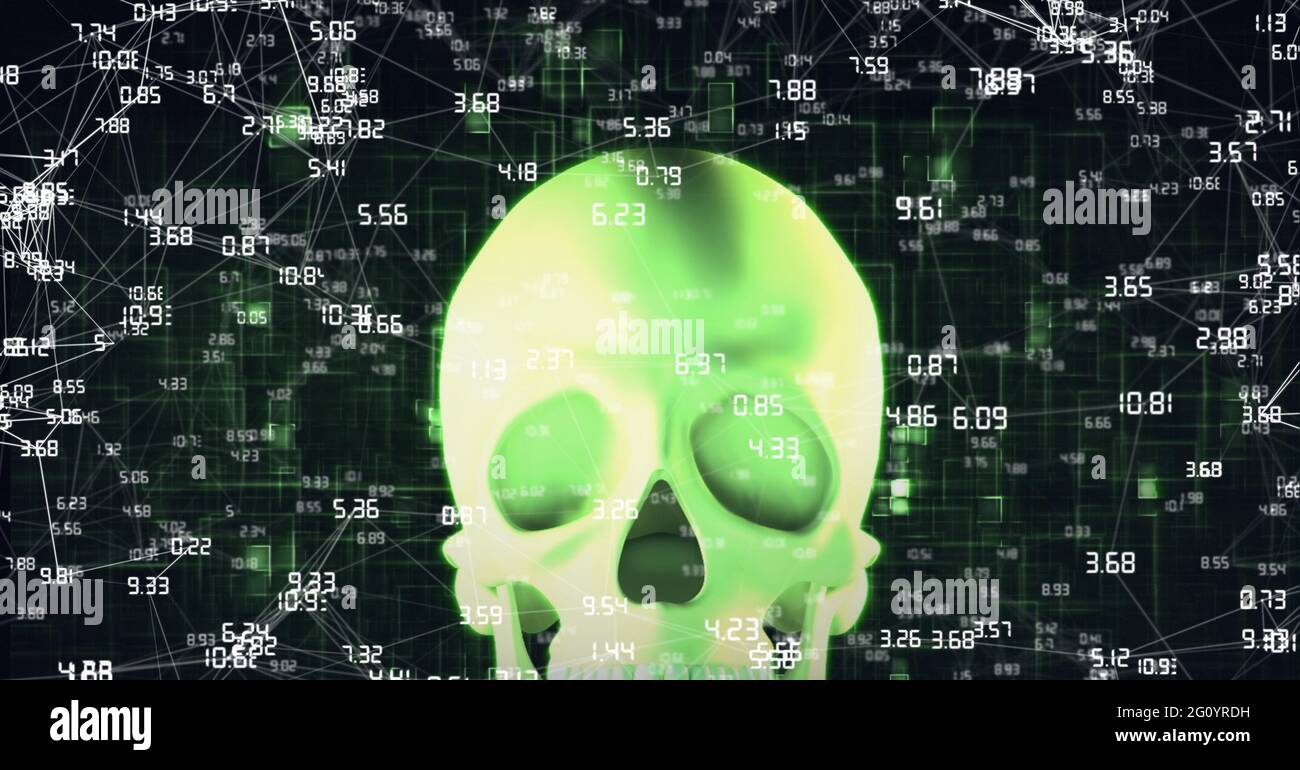 Komposition von Netzwerk von Verbindungen über digitalen Schädel auf schwarzem Hintergrund Stockfoto