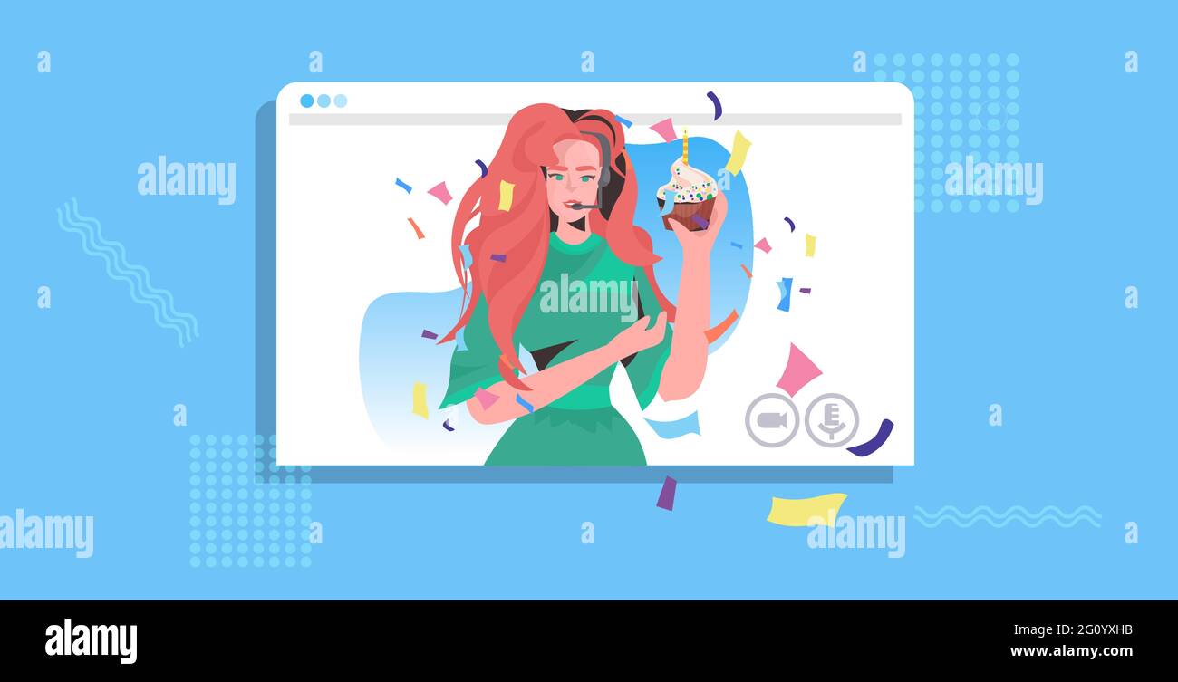 Attraktive Frau in Kopfhörer feiert online Geburtstag Party Mädchen im Web-Browser-Fenster halten Kuchen Stock Vektor