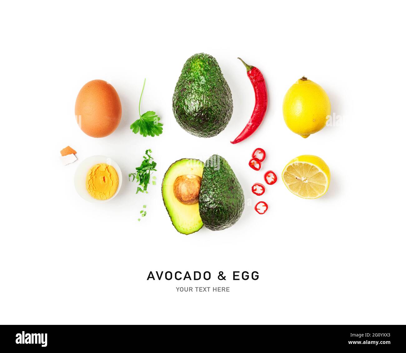 Avocado, Ei, Chili, Petersilie und Zitrone Set und Zusammensetzung isoliert auf weißem Hintergrund. Lebensmittelzutaten. Gesunde Ernährung und Diät-Konzept. Stockfoto