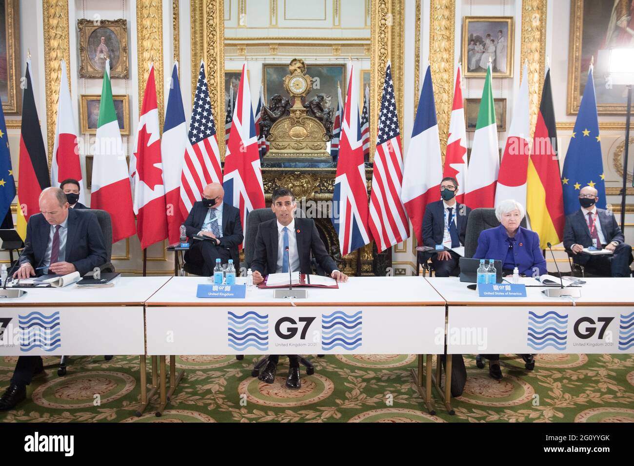 Schatzkanzler Rishi Sunak bei einem Treffen der Finanzminister aus allen G7-Staaten im Lancaster House in London vor dem G7-Gipfel. Bilddatum: Freitag, 4. Juni 2021. Stockfoto