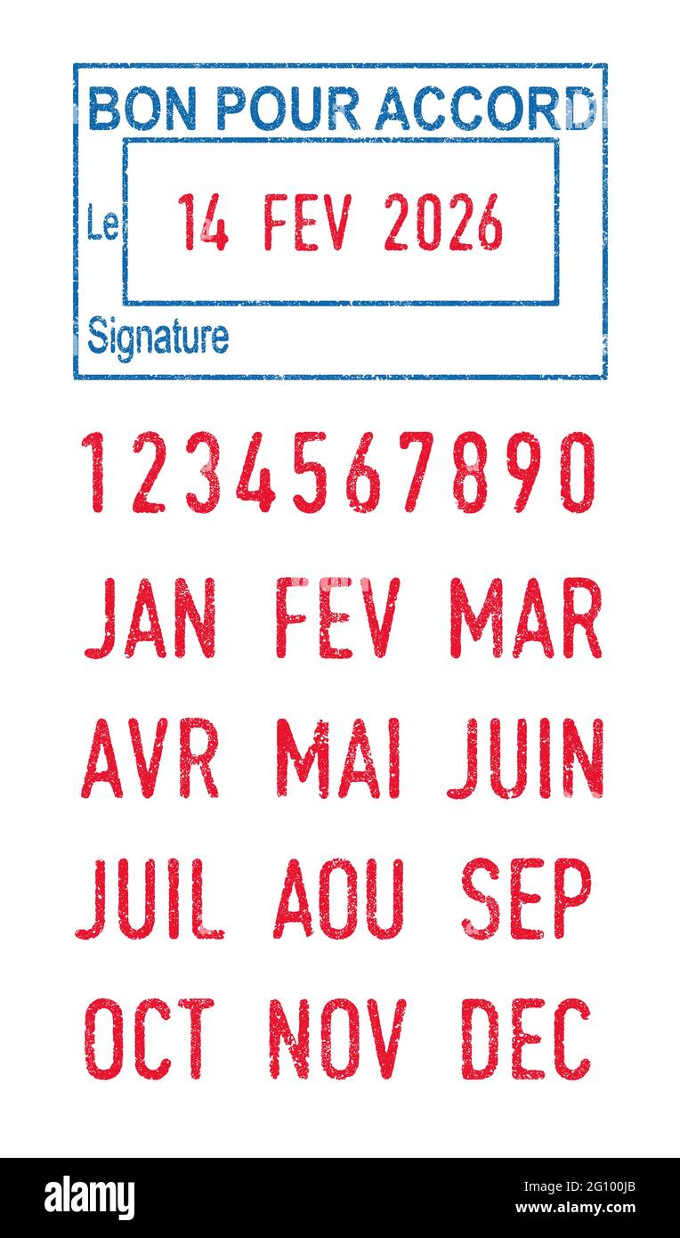Vektordarstellung der französischen Wörter Bon pour ACCORD (gut für Übereinstimmung) in blauer Tinte und editierbare Daten (Tag, Monat und Jahr) in roter Tinte sta Stock Vektor