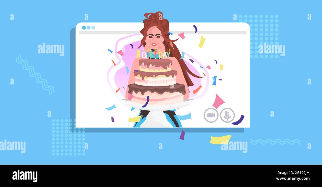 Attraktive Frau feiert online Party Mädchen im Web-Browser-Fenster hält Geburtstagskuchen Stock Vektor