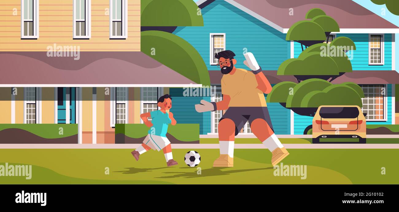 Vater spielt Fußball mit Sohn auf Hinterhof Rasen Elternschaft Vaterschaft Konzept Vater verbringt Zeit mit Kind Stock Vektor